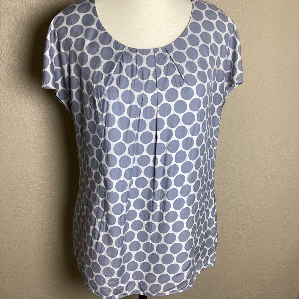 Boden Gray White Polka Dot Silk Blend Pleated Scoop Neck Blouse WA373 US 8
